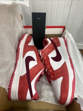 NWT Limited Edition VDay Nike Dunk Low White and Red Suede with Burgundy Swoosh